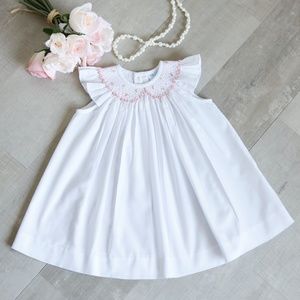 White Smocked Embroidered Dress Flutter Sleeve Luli & Me Size 6 Months NWOT